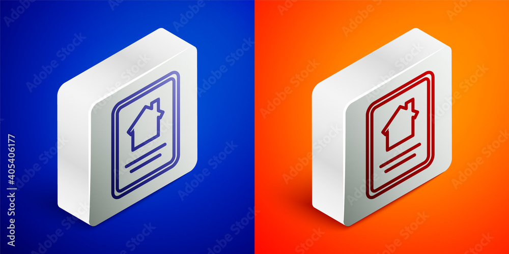 Isometric line Online real estate house on tablet icon isolated on blue and orange background. Home loan concept, rent, buy, buying a property. Silver square button. Vector Illustration. Isometric line Online real estate house on tablet icon isolated on blue and orange background. Home loan concept, rent, buy, buying a property. Silver square button. Vector Illustration.