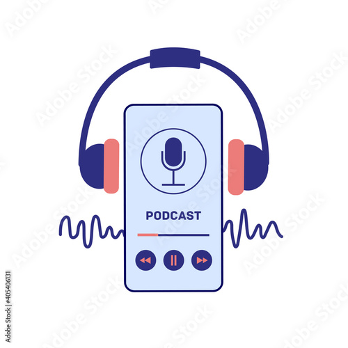 Podcast concept illustration. A smartphone with nayshniki on which a podcast is played in an audio player, with a radio wave in the background.. Podcast screensaver concept.