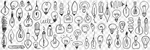 Various electrical lamps doodle set. Collection of hand drawn hanging lamps of different shapes for home electricity isolated on transparent background. Illustration of illumination equipment 