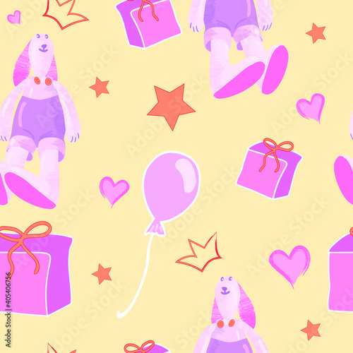 cute childish Seamless pattern with Rabbit, bunny, gift, heart, bow, button, star in pastel colors. Vector modern Illustration. For gift wrapping, textile, wallpaper, scrubbing, web page lights, fill