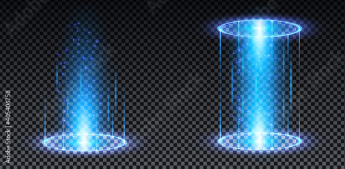 Blue hologram portal. Magic fantasy portal. Magic circle teleport podium with hologram effect. Vector blue glow rays with sparks on transparent background. photo