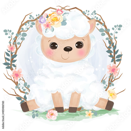 cute baby lamb illustration in watercolor effect great for baby shower decoration and children prints.	
