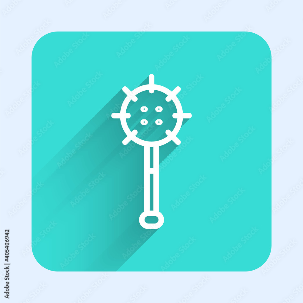 White line Medieval chained mace ball icon isolated with long shadow. Medieval weapon. Green square button. Vector. White line Medieval chained mace ball icon isolated with long shadow. Medieval weapon. Green square button. Vector.