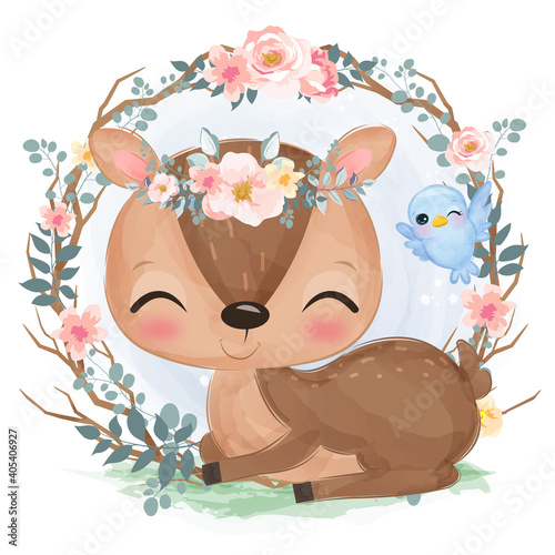 cute baby deer illustration in watercolor effect great for baby shower decoration and children prints.	
