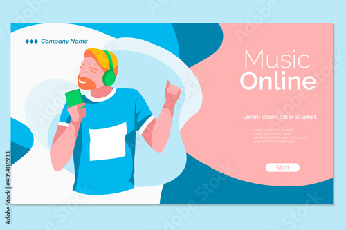 Music online landing page template. Young man in headphones listening to music on smartphone. Music streaming service, audio playlist application, new music fast download flat vector illustration
