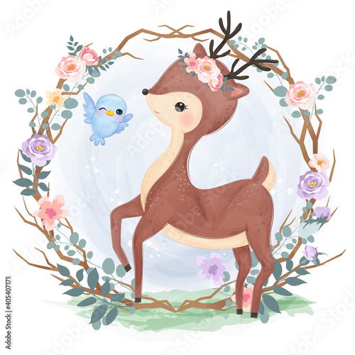Little baby reindeer illustration in watercolor effect great for baby shower decoration and children prints.	
