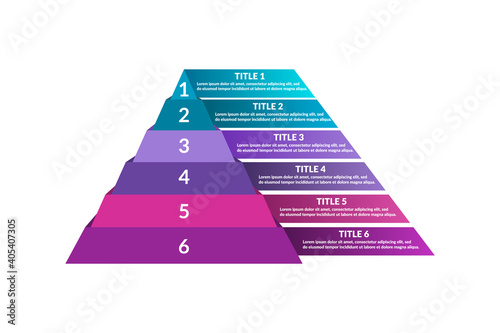 Colorful infographic in shape of pyramid. Six steps or options. Triangle with 6 levels. Diagram, chart, graph, presentation template. Layered business concept model. Vector illustration, flat, clipart