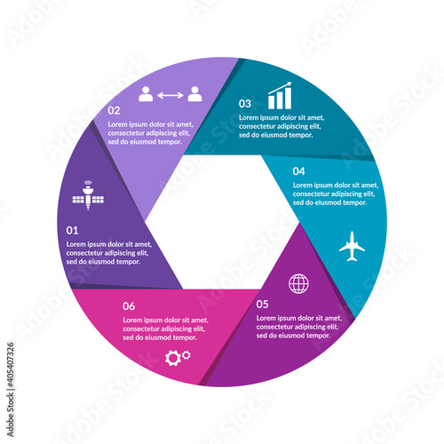 Colorful infographic in camera aperture shape. Six steps or options. Hexagon zoom effect. Diagram, chart, graph, presentation template. Business concept pie model. Vector illustration, flat, clipart. 