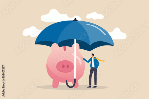 Insurance and finance saving protection in economy crisis, safety investment or all weather portfolio concept, confidence businessman investor with his piggy bank safety money covered by big umbrella.