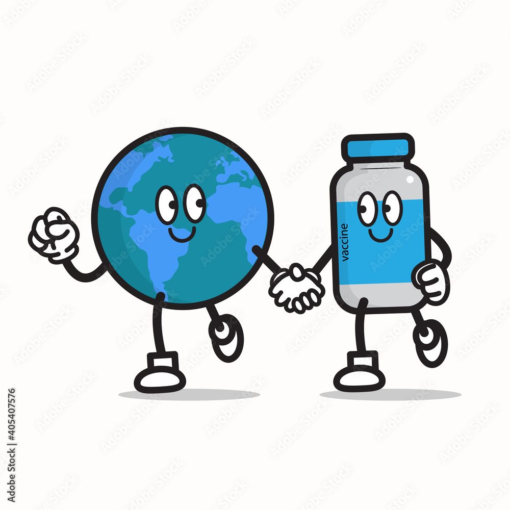 A cartoon that shows the world and the vaccine must go together. smiling, friendship, vector