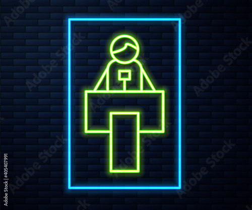 Glowing neon line Stage stand or debate podium rostrum icon isolated on brick wall background. Conference speech tribune. Vector.