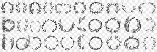 Floral decorative wreath doodle set. Collection of hand drawn wreath of different leaves and flowers for decoration isolated on transparent background. Illustration of elegant head accessory 