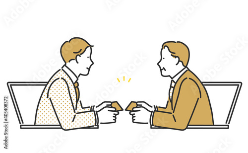 オンライン上で取引先と名刺交換をするビジネスパーソンのイメージイラスト素材