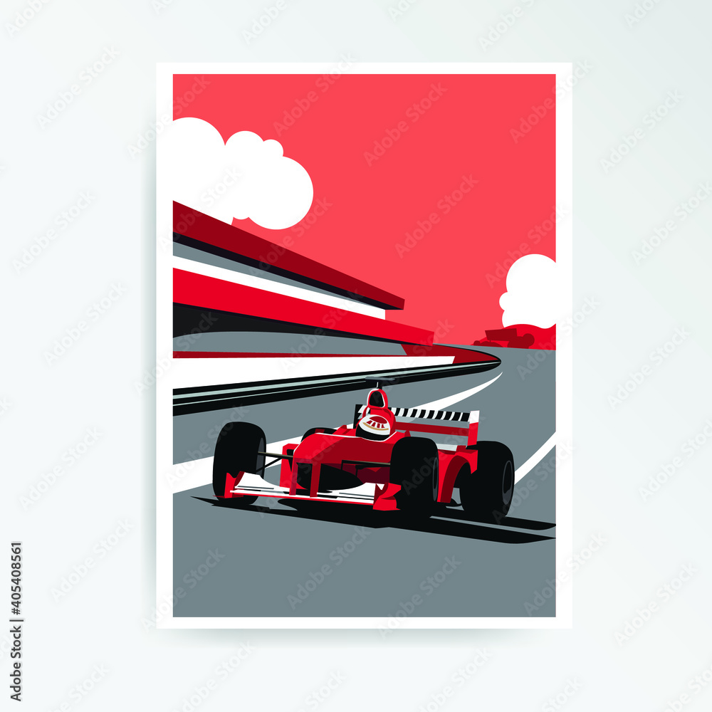 Papier Peint photo Lavable Voiture de formule rouge. Paysage de F1. Tournoi  de course de vitesse. Illustration vectorielle. Conception d'affiches.  