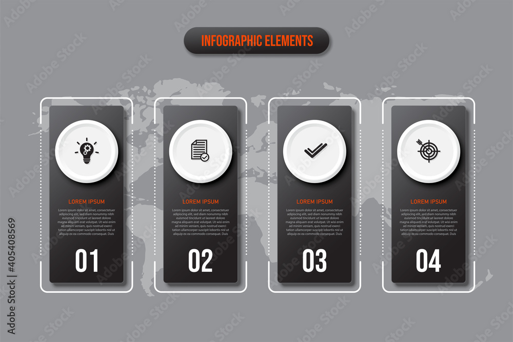 Black rectangular infographics elements, Thin line pictograms, pointers ...