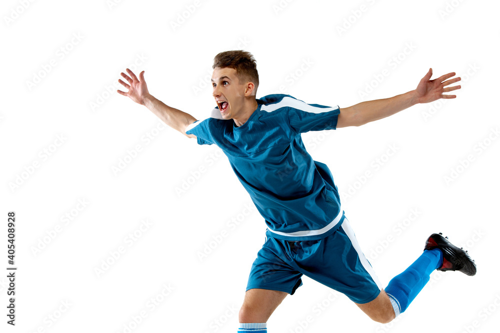 Goal. Funny emotions of professional soccer player isolated on white studio background. Copyspace for ad. Excitement in game, human emotions, facial expression and passion with sport concept.