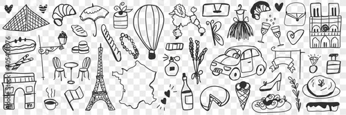 Various french symbols doodle set. Collection of hand drawn eclairs biscuits cheese champagne, cars, architecture, fashion accessories, baguette, dogs, perfume isolated on transparent background