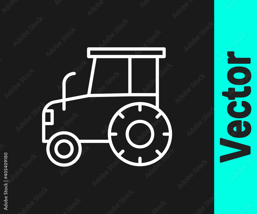 Naklejka premium White line Tractor icon isolated on black background. Vector.