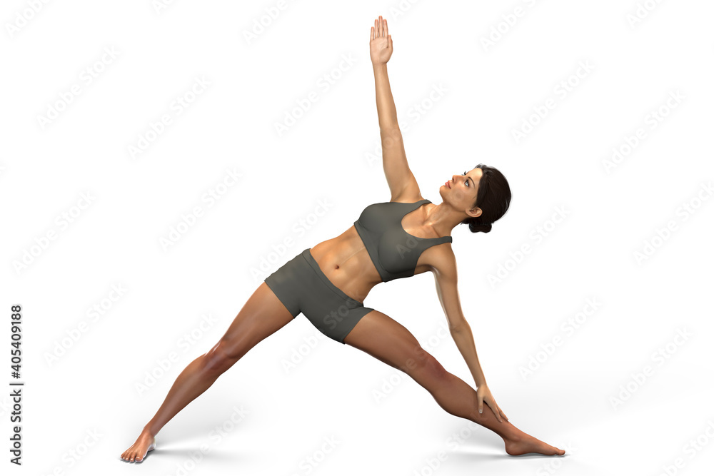 Female in Triangle yoga position, or Trikonasana Female in Triangle yoga position, or Trikonasana