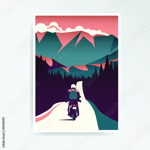 Road trip around the mountains. Mountain, forvet, road, motorcycle, rider. Adventure landscape.
