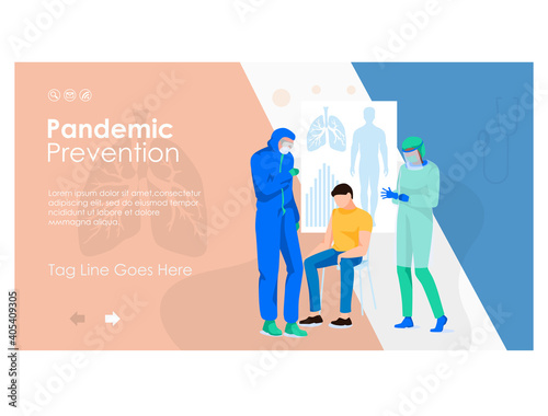 Pandemic prevention landing page. Doctors in antiviral face masks and costumes consulting patient with respiratory disease. Healthcare and medical treatment concept flat vector illustration.