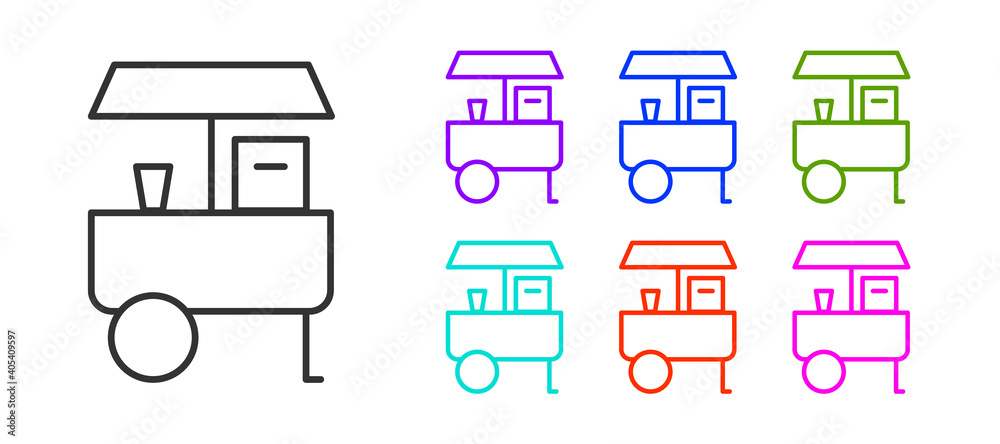 Black line Fast street food cart icon isolated on white background. Urban kiosk. Set icons colorful. Vector. Black line Fast street food cart icon isolated on white background. Urban kiosk. Set icons colorful. Vector.