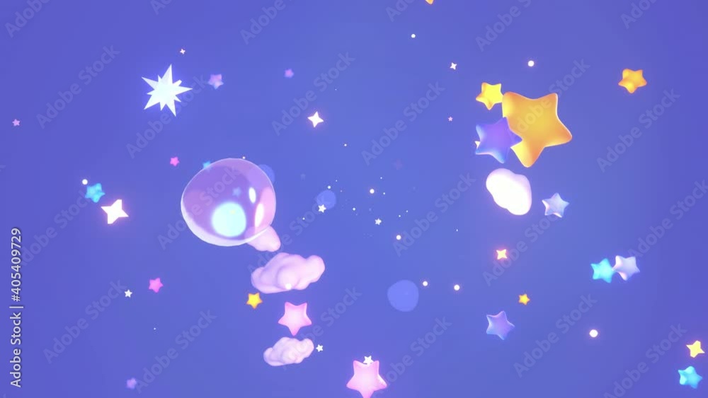 Looped cartoon travel through colorful stars, white clouds, and bubbles in the sky animation. Looped cartoon travel through colorful stars, white clouds, and bubbles in the sky animation.