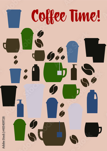 Coffee time! Vector drawings of different cup and mugs with milk box and aroma pump. Beautiful cafe decoration and menu with coffee beans and tea bags. Colorful editable poster.