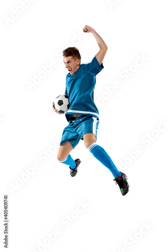 Flying high. Funny emotions of professional soccer player isolated on white studio background. Copyspace for ad. Excitement in game, human emotions, facial expression and passion with sport concept.