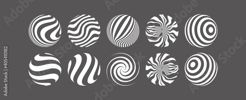 3D geometric striped rounded shape. Sphere. Abstract element for print or design. Black and white optical art. 3d vector illustration.