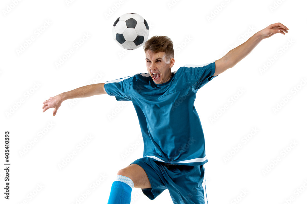 Kick. Funny emotions of professional soccer player isolated on white studio background. Copyspace for ad. Excitement in game, human emotions, facial expression and passion with sport concept.