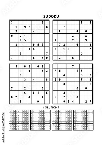 Four sudoku puzzles of comfortable (easy, yet not very easy) level, on A4 or Letter sized page with margins, suitable for large print books, answers included. Set 15.