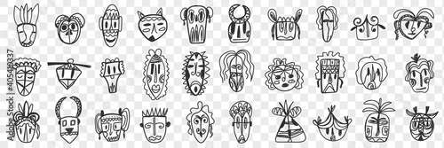 Various african ancient masks doodle set. Collection of hand drawn face masks of african ethnicities with different patterns and shapes isolated on transparent background. Illustration of africa 