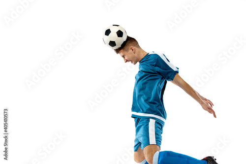 Punch. Funny emotions of professional soccer player isolated on white studio background. Copyspace for ad. Excitement in game, human emotions, facial expression and passion with sport concept.