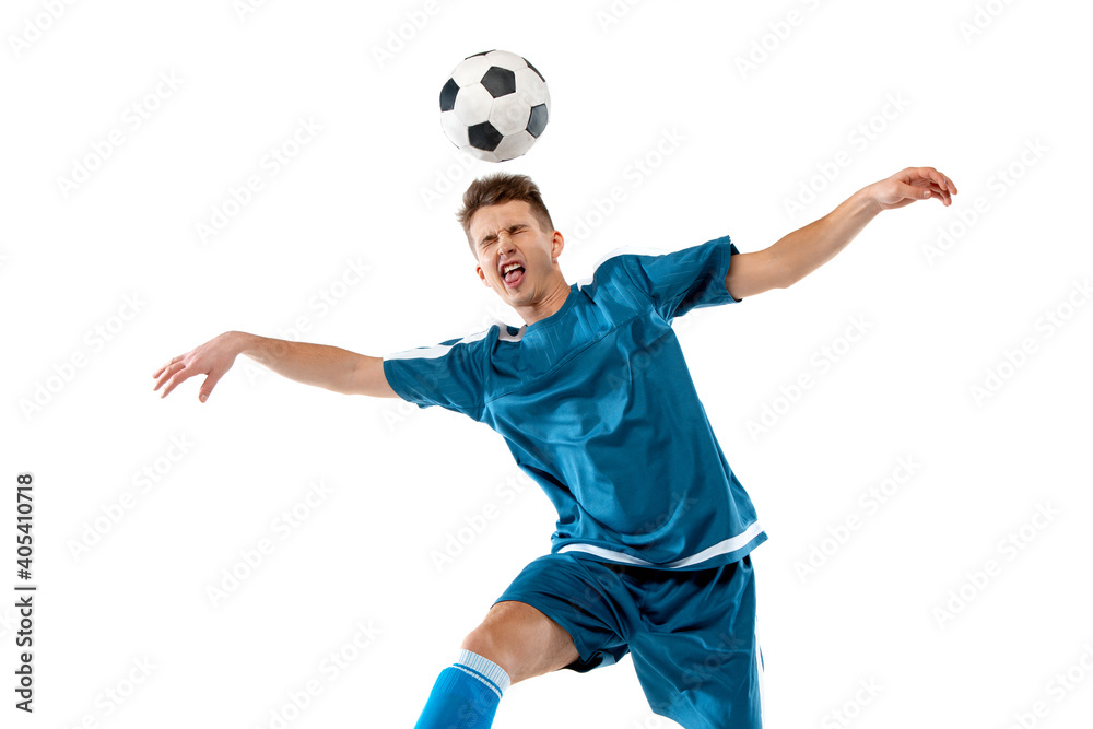 Fototapeta premium Dance. Funny emotions of professional soccer player isolated on white studio background. Copyspace for ad. Excitement in game, human emotions, facial expression and passion with sport concept.