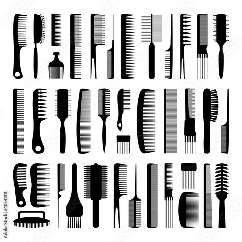 Set of combs. Black silhouettes of various combs on a white background. Device for combing and styling hair. Hairdressing tool. Vector illustration isolated on white background for design and web.