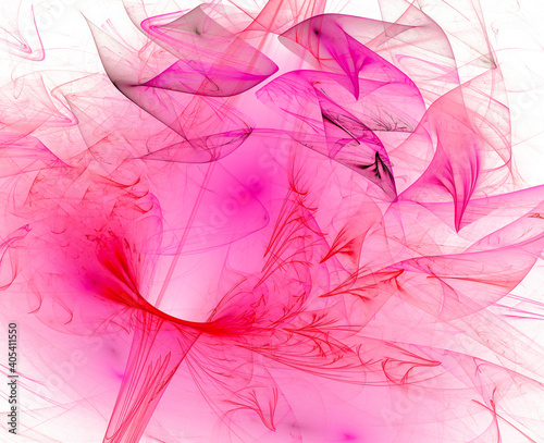 A pink-purple veil on a white background is arranged in the form of a transparent flower with zigzag blurred petals. Abstract fractal background. 3d rendering. 3d illustration. © Svetlana