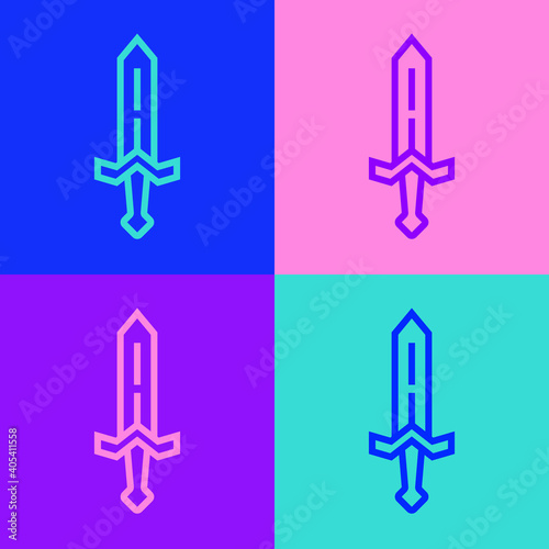 Pop art line Medieval sword icon isolated on color background. Medieval weapon. Vector.