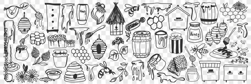 Beekeeping attributes and tools doodle set. Collection of hand drawn honey, hive, bees, barrels and tools for apiary works on farm isolated on transparent background. Illustration of beekeeper tools