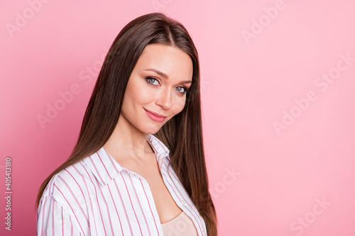 Photo of sweet charming young woman dressed casual white clothes isolated pastel pink color background