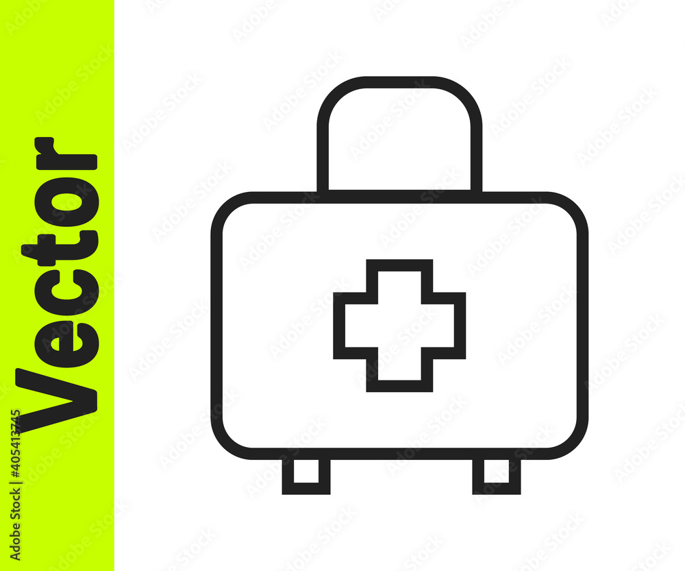 Obraz premium Black line First aid kit icon isolated on white background. Medical box with cross. Medical equipment for emergency. Healthcare concept. Vector.