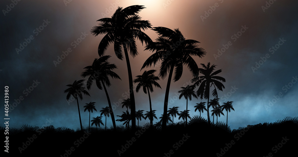 Fototapeta premium Night landscape with palm trees, against the backdrop of a neon sunset, stars. Silhouette coconut palm trees on beach at sunset. Space futuristic neon landscape. Beach party. 