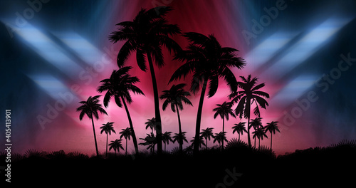 Night landscape with palm trees, against the backdrop of a neon sunset, stars. Silhouette coconut palm trees on beach at sunset. Space futuristic neon landscape. Beach party. 