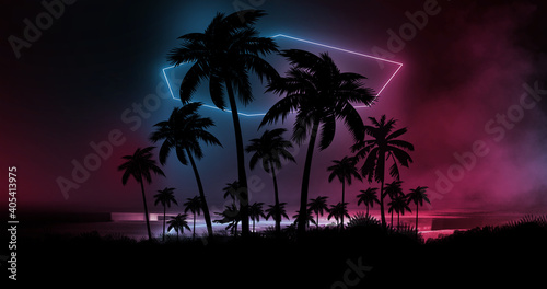 Night landscape with palm trees, against the backdrop of a neon sunset, stars. Silhouette coconut palm trees on beach at sunset. Space futuristic neon landscape. Beach party.  © MiaStendal