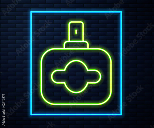 Glowing neon line Perfume icon isolated on brick wall background. Vector.