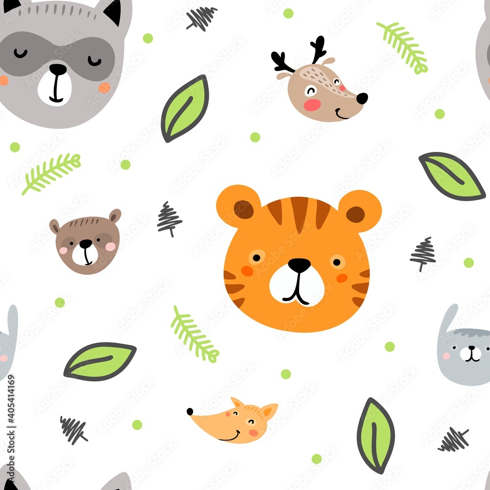 Never ending funny pattern for kids. Cute background with animal faces, dots, trees and leaves. Vector illustration for children fashion