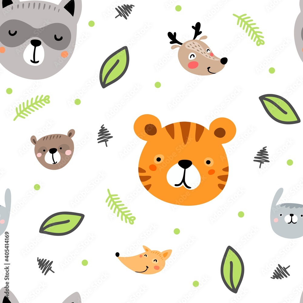 Obraz premium Never ending funny pattern for kids. Cute background with animal faces, dots, trees and leaves. Vector illustration for children fashion