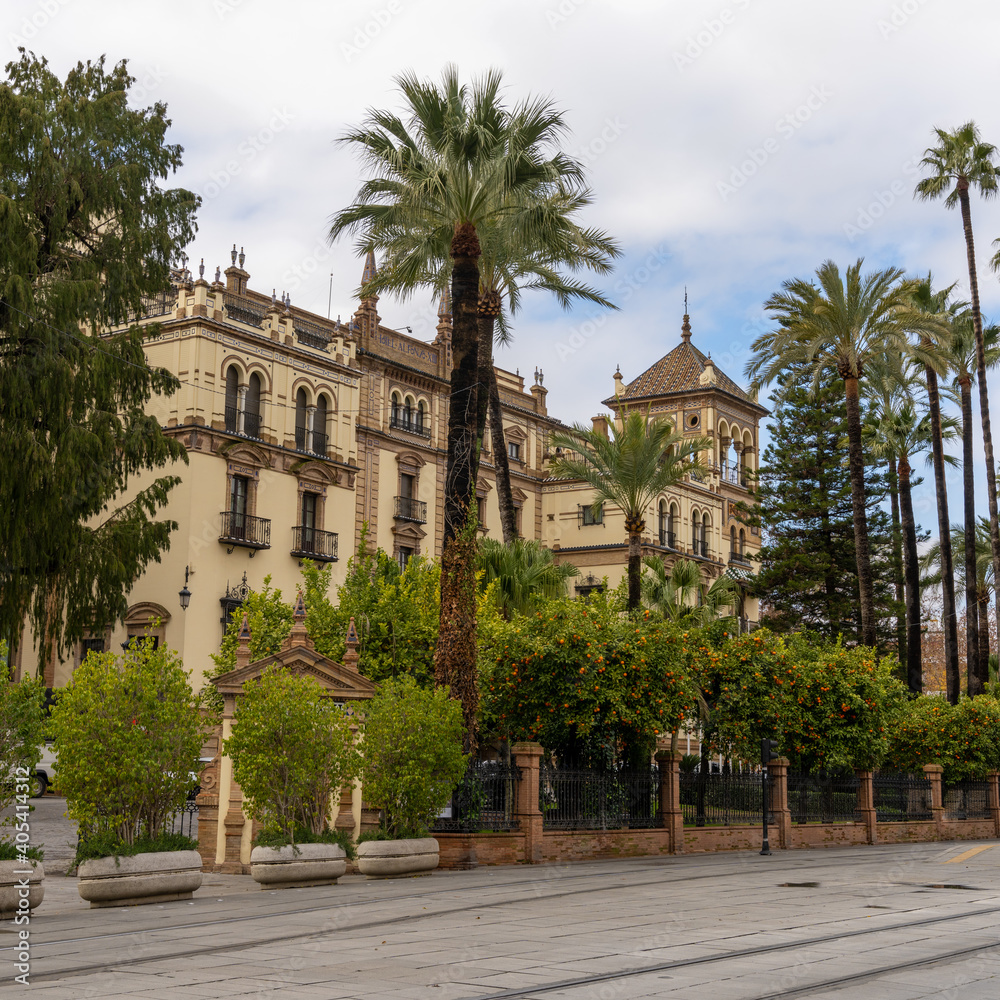 view of the historic Hotel Alfonso XIII in downtown Seville