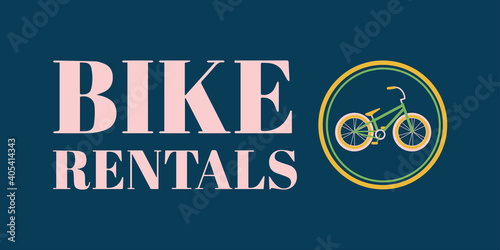 Bike rental banner, logo. Vector illustration with a bike and text, on a dark background. Suitable for social media, mobile apps, marketing materials.