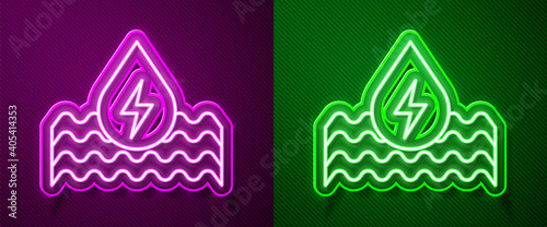 Glowing neon line Water energy icon isolated on purple and green background. Ecology concept with water droplet. Alternative energy concept. Vector.